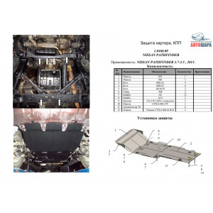 Защита Nissan Pathfinder IV 2012- V-2,5 D; 3,5 двигатель, КПП, радиатор, раздатка - Kolchuga